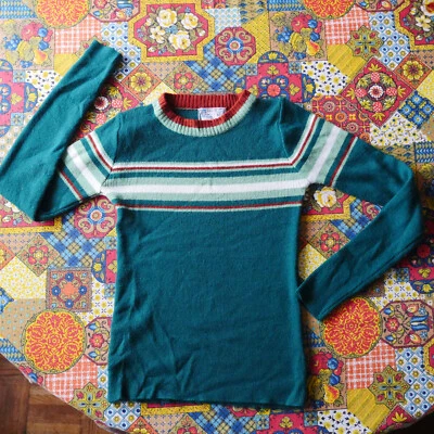 1970s Boys VIntage Striped Sweater - JC Penney Size 12 - Green Fall Friendly - Image 1 of 3