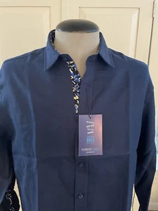 Mens Casual Long Sleeve Collared Button Shirt Navy w Pattern SLIM FIT M. NWT - Picture 1 of 8
