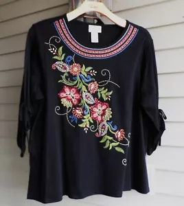NWT ALFRED DUNNER STUNNING BLACK PAISLEY FLORAL EMBROIDERY/BEAD KNIT TOP $63 1X - Picture 1 of 4