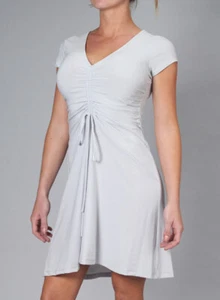 Deep Taupe Drawstring Vneck Ruched Short Dress - Picture 1 of 2