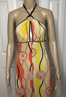 Vestido Halter Trina Turk 2 Amarillo Rosa Floral Seda Spandex Georgette Cuello Atado Foto 1 de 4