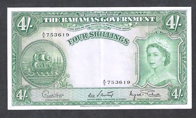 BAHAMAS GOVERNMENT 4 SHILLINGS 1953 ~  P-13d ~ CHOICE EXTREMELY FINE NOTE - Image 1 of 2