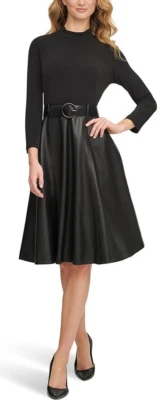 NWT CALVIN KLEIN Faux-Leather Mock-Neck Fit & Flare Dress Sz 14 long sleeve belt - Image 1 of 4