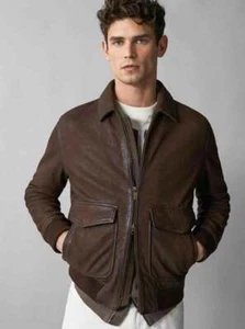 Men's Tan Brown Biker Motorcycle Suede Genuine Leather Outwear Bomber Jacket - Picture 1 of 7