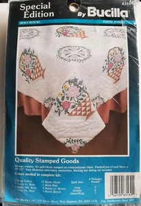 BUCILLA pack of 6 Stamped Cross Stitch Quilt Blocks - Pastel Basket NEW Sealed. - Picture 1 of 2