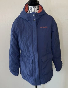 Columbia Hooded Winter Jacket Girl Large Outgrown System Quilted Blue Peach - Picture 1 of 8