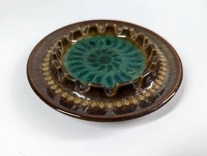 Robert Maxwell Art Pottery Ashtray W/ Blenko Glass Center Green & Brown - Picture 1 of 10