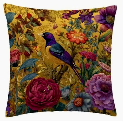 Kissen Bezug Samt 45 cm floral Vogel Garten Cottage Deko Boho botanisch Rose - Bild 1 von 4