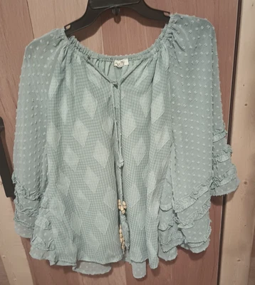Miss Me Boho Gypsy Blouse Shirt Top Greenish Blue Size L - image 1 of 4