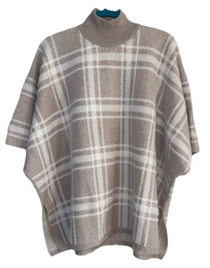 Rachel Zoe Tan White Plaid Heavy Turtleneck Sweater Poncho One Size Super Soft - Picture 1 of 6