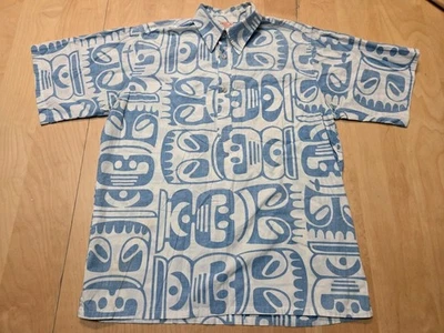 Camisa Hawaiana Go Barefoot M Azul Blanco Estampado Tribal Tiki Hecha en EE. UU. Envío Gratis Foto 1 de 4