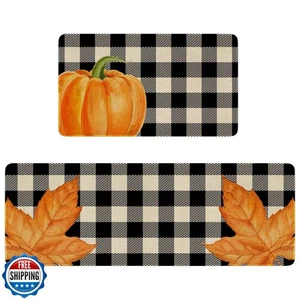 Juego de 2 alfombras y tapetes de cocina a cuadros Eikunn Fall Buffalo, calabaza naranja y M - Imagen 1 de 5