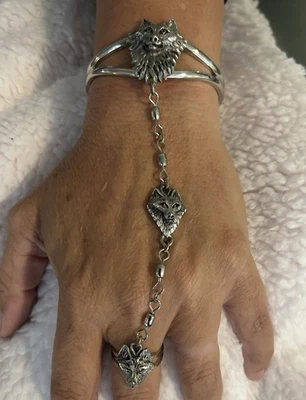 Brazalete Esclavo Lobo Estaño 3D con Cadena y Anillo Accesorio Ajustable Foto 1 de 4