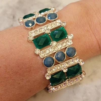 Винтажный 90-х эластичной манжеты браслет синий зеленый искусственный драгоценный камень со стразами заявление подарок - Изображение 1 из 4