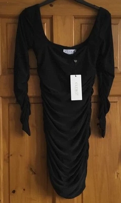 NEW WITH TAGS, CLUB L DRESS, BLACK LONG SLEEVE, RUCHED MINI DRESS, SIZE 8, - Image 1 of 4