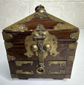 Vintage Korean Seal Box Wood & Brass Prayer Trinket Box Treasure Chest W/ Drawer - Picture 1 of 13