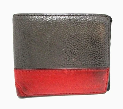Cartera de cuero Coach para hombre negra y roja con ventana de identificación abatible bien rota Foto 1 de 4