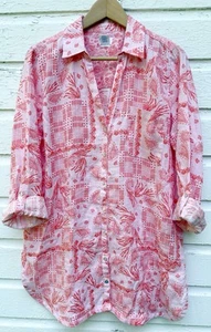 Sigrid Olsen Womens Tunic Top Blouse L 100% Linen Pink Floral Tropical Cruise - Picture 1 of 5