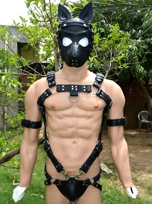 Men's Bondage Leather Trojan Body Harness Gay buckles chest harness ,puppy mask - Photo 1/4