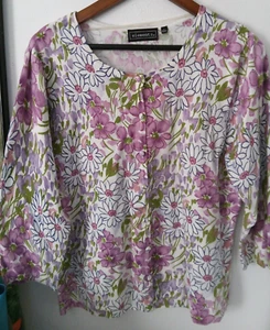 ELEMENTZ White Purple Olive FLORAL Women Size Large L 3/4 Sleeve KNIT Cardigan - Picture 1 of 3