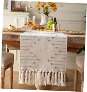 Boho Table Runner 13 x 90 Inch Long Natural Cotton Woven 13x90Inch Taupe Beige - Picture 1 of 7