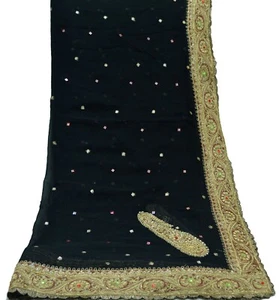 Bufandas Zari vintage negras de gasa pura seda estola larga bordadas a mano - Imagen 1 de 17