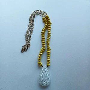 Plunder Alexandra Boho Yellow Bead Oval White Carved Teardrop Pendant Necklace  - Picture 1 of 3