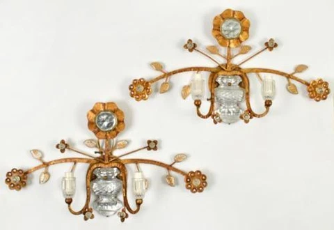 PAIR "NEWEL ESTATE" SHERLE WAGNER GILT STEEL W/ CRYSTAL SUNFLOWER SCONCES - RARE Cover