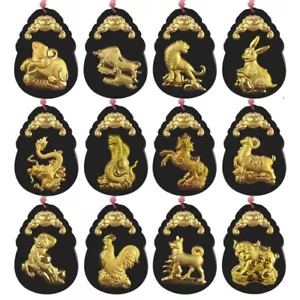 Certified 100% natural 12 Zodiacs Black Hetian Jade+9999 yellow gold pendant - Picture 1 of 31