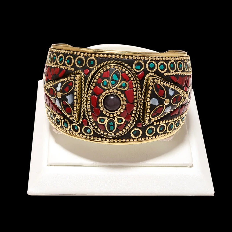 Turquoise, Onyx & Red Coral Gemstone Tibatan Antique Handmade Style Cuff Bangle - Image 1 of 1