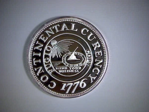 SILVER PLATED 1776 CONTINENTAL CURRENCY, 39mm SILVER PLATED COIN, STAMPED COPY - Picture 1 of 3