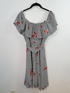 Calvin Klein Off Shoulder Stripe Embroidered Floral Dress Sz 8 Spring Summer - Picture 1 of 5