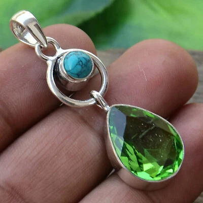 Christmas Peridot, Turquoise Gemstone 925 Sterling Silver Handmade Pendant Gift - Image 1 of 4
