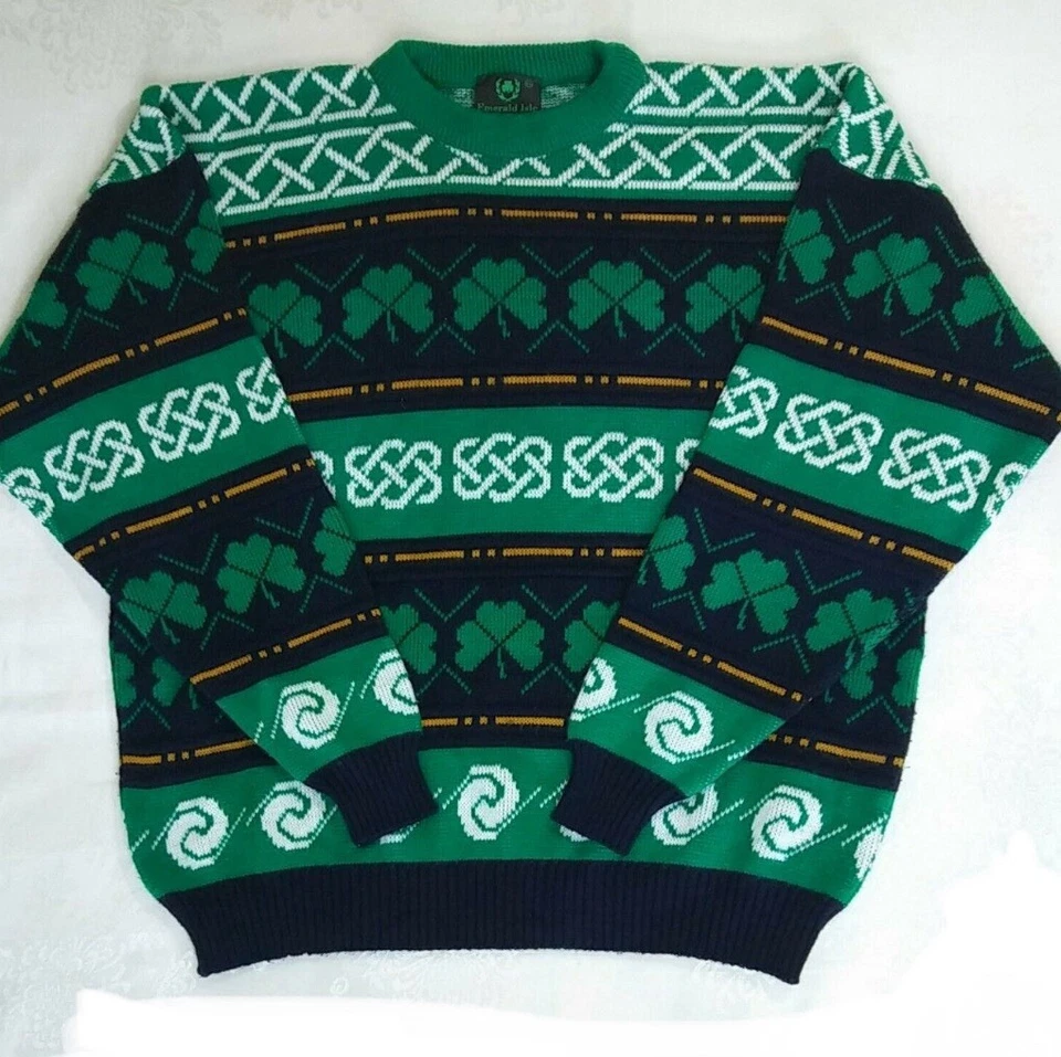 Emerald Isle Crewneck Knit Sweater Celtic Shamrock St Patrick Made in Ireland XL - Image 1 of 4