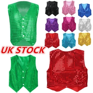 UK Boys Girls Sequined Vest Top Waistcoat Costume Jazz Dance Stage Performance  - Picture 1 of 86