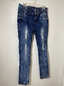M.Michel jeans femme en denim bleu usine Destroy fausses poches avant taille 15