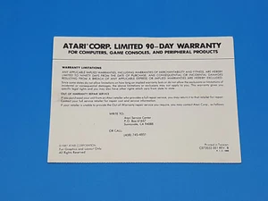 Atari Corp 1987 Limited 90-Day Warranty Registration Card - Bild 1 von 4