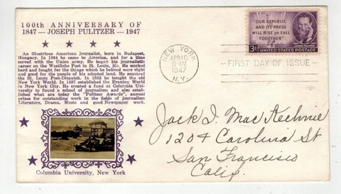 1947 CROSBY PHOTO FDC 946 JOSEPH PULITZER PRIZE Columbia University NY Cover
