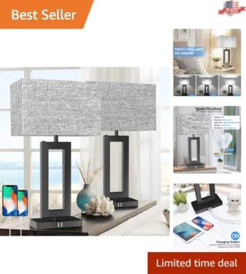 Sleek Versatile Multi-Functional Table Lamp with USB Ports - Gray Shade - Image 1 of 4