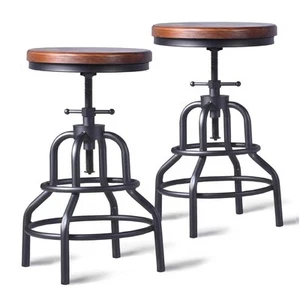 Vintage Industrial Bar Stool-Rustic Swivel Barstools-Round Wood Metal Base-Ki... - Picture 1 of 9