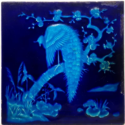 Majólica moldada esmalte azul vitoriano Minton Hollins 8" azulejo pavão C1880 AE1 - Imagem 1 de 4