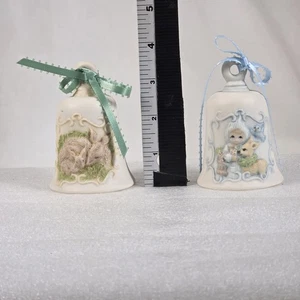 Vintage Porcelain Bells Embossed Bunnies Girl Deer Pastel Ribbon Collectible - Picture 1 of 13