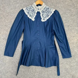 Camisa vintage Gunne Sax Jessica McClintock para mujer 11 encaje cuello botón cinturón años 70 - Imagen 1 de 17