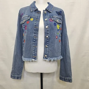 Dolls Kill Delia's Cropped Denim Jacket Flower Embroidered Size Small Colorful - Picture 1 of 10