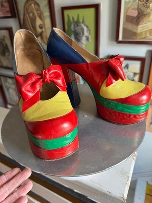 Vintage 1970s Rainbow Primary Color Block Glam Rock Leather Mega Platform Shoes - Image 1 of 4