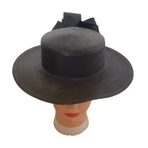 Vintage Black Straw Bow Accent Derby Hat - Picture 1 of 5