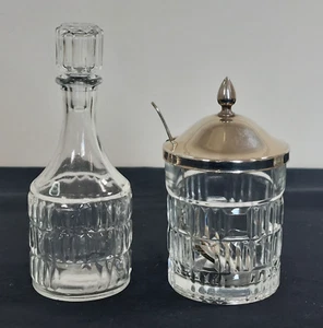 Cut Glass Jam Sugar Jar With Silverplated Spoon Plus Vinegar Oil Pourer Vintage - Picture 1 of 22