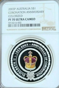 2003 AUSTRALIA SILVER 1 DOLLAR CORONATION ANNIVERSARY NGC PF 70 ULTRA CAMEO - Picture 1 of 4