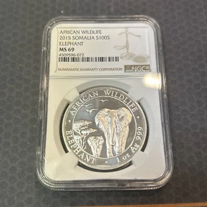 2015 Somalia 100 Shilling African Wildlife Elephant Coin, NGC MS 69, 1 Oz Ag 999 - Picture 1 of 2