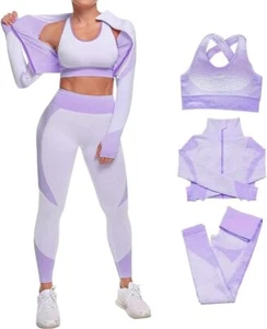 Women 3 PC Yoga Set Zipper Top Sport Suit Bra Workout Clothes Gym Fitness - Picture 1 of 15
